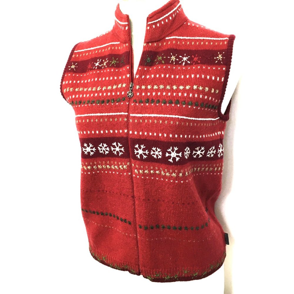 WOOLRICH Vintage Wool Zip Vest Red Snowflake Design Medium Women's M